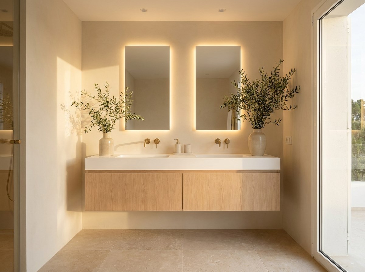 Baño reformado con lavabo doble, espejos retroiluminados y grifería de latón