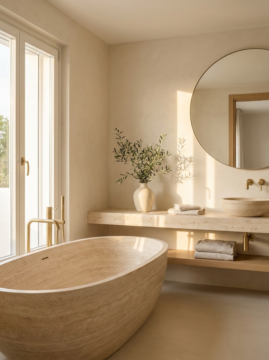 Baño con bañera exenta de piedra y encimera de travertino