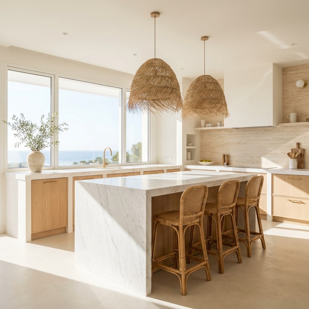 Cocina reformada con isla central y encimera de piedra