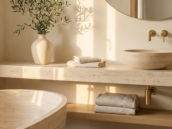 Encimera de travertino con lavabo de piedra y grifería de latón empotrada