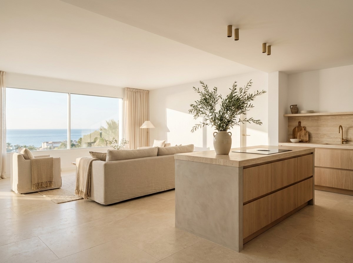 Salón y cocina de una vivienda reformada, con vistas al Mediterráneo